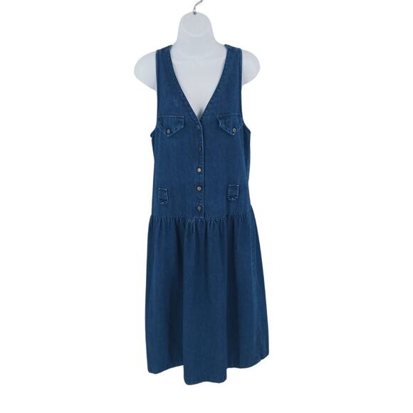 Vintage Dark Wash Jean Button Front Overall Denim Grandma Dress Sz Small - Picture 1 of 6